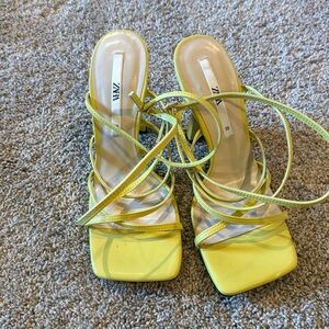 Zara Neon Yellow Strappy Square-Toe Heels